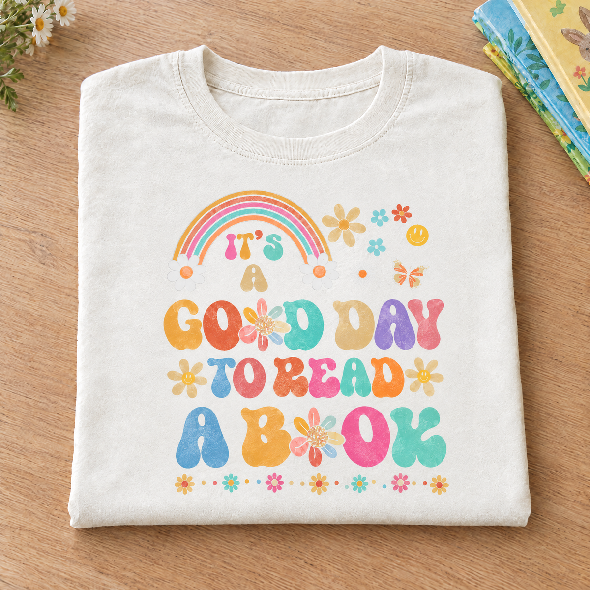 Good Day To Read A Book shirt in Ivory Comfort Colors, neatly folded