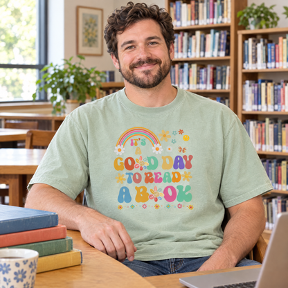 Good Day To Read A Book shirt in Light Green Comfort Colors, worn by a seated model