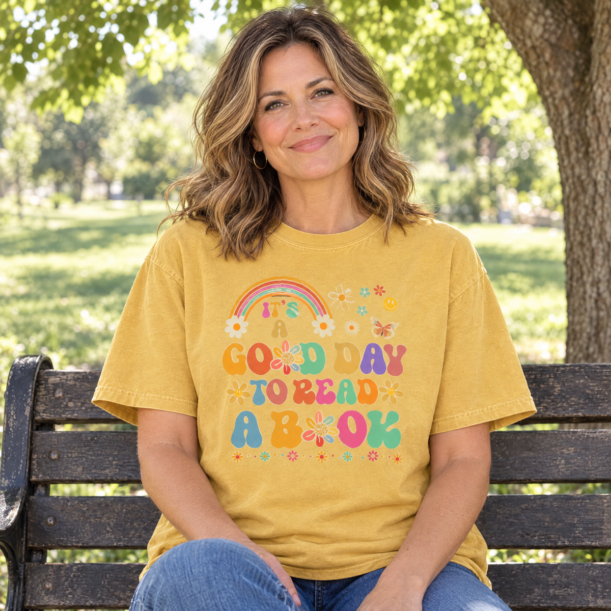 Good Day To Read A Book shirt in Mustard Comfort Colors, worn by a seated model