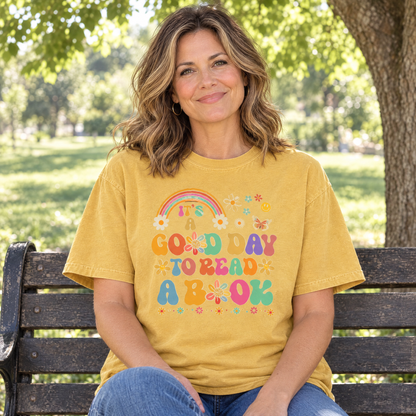 Good Day To Read A Book shirt in Mustard Comfort Colors, worn by a seated model