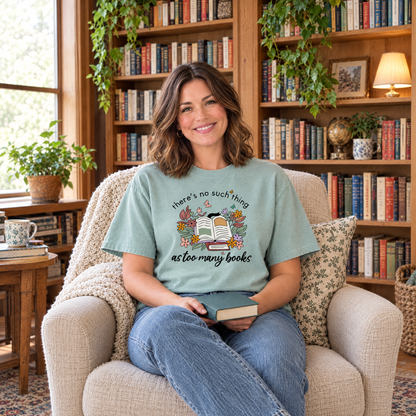 Too Many Books shirt in Seafoam Comfort Colors, worn by a seated model