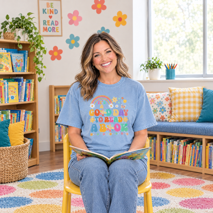 Good Day To Read A Book shirt in Chambray Comfort Colors, worn by a seated model