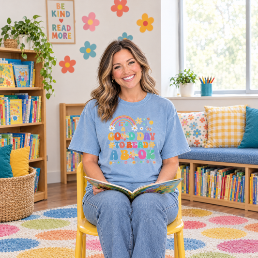 Good Day To Read A Book shirt in Chambray Comfort Colors, worn by a seated model