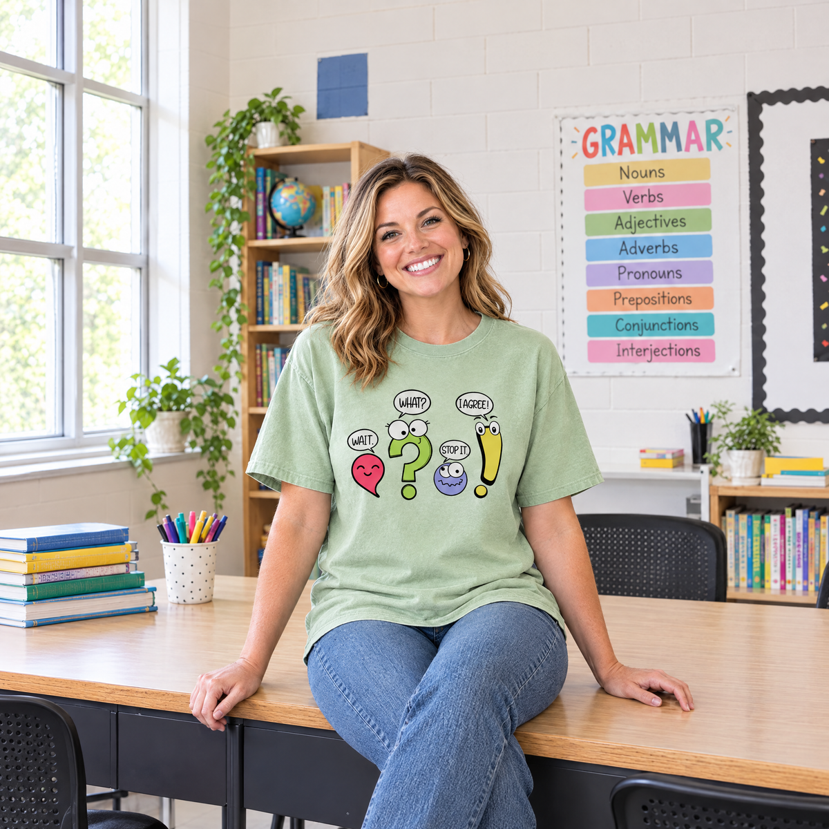 Punctuation shirt in Light Green Comfort Colors, worn by a seated model