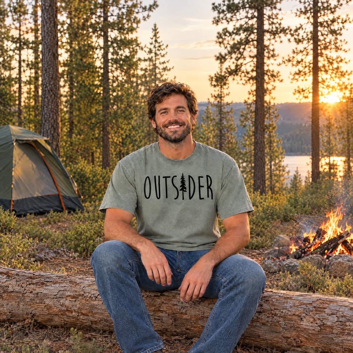 Outsider camping shirt with pine tree in Sage Comfort Colors, man sitting by a campfire at a forest campsite
