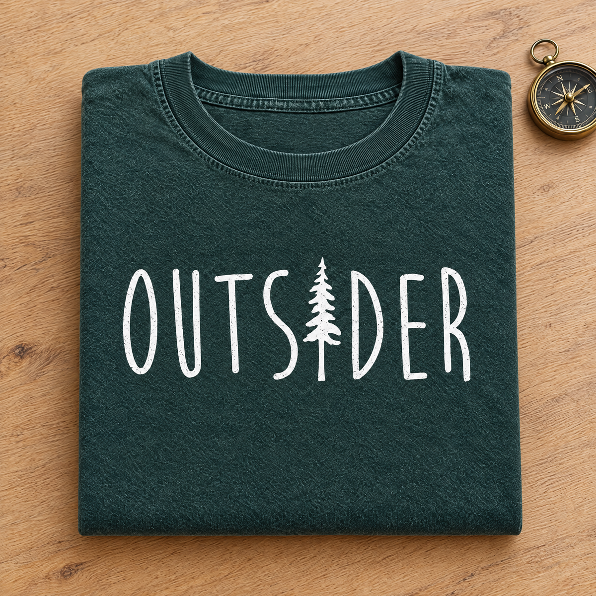Outsider camping shirt with pine tree in Blue Spruce Comfort Colors neatly folded