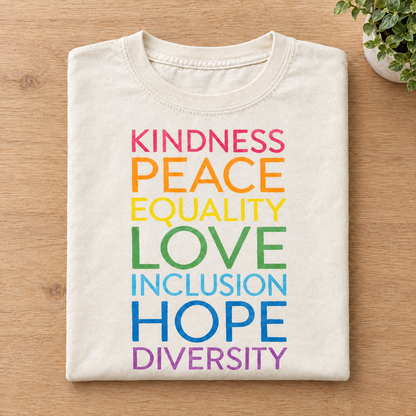Kindness Peace Equality Love rainbow words shirt in Natural/Ivory Comfort Colors neatly folded