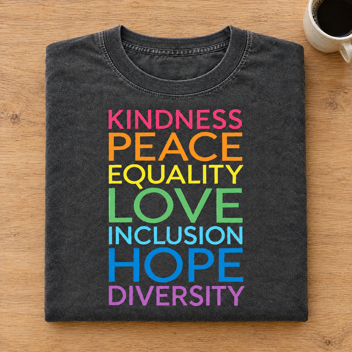 Kindness Peace Equality Love rainbow words shirt in Pepper Comfort Colors neatly folded