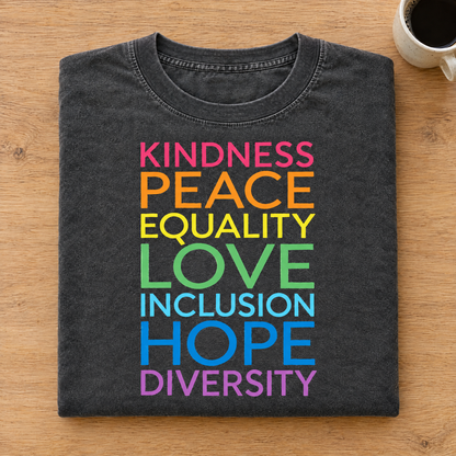 Kindness Peace Equality Love rainbow words shirt in Pepper Comfort Colors neatly folded