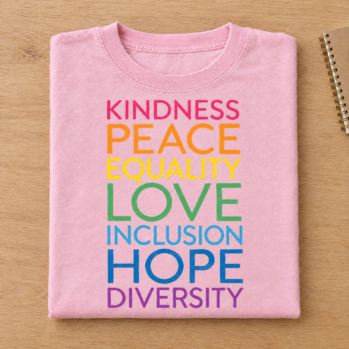 Kindness Peace Equality Love rainbow words shirt in Pink/Blossom Comfort Colors neatly folded