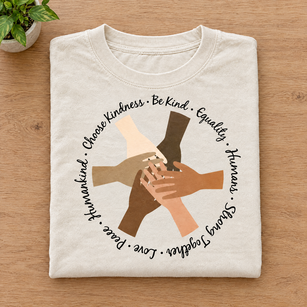 Choose Kindness diverse hands circle shirt in Natural/Ivory Comfort Colors neatly folded