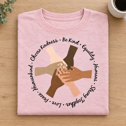 Choose Kindness diverse hands circle shirt in Pink/Blossom Comfort Colors neatly folded