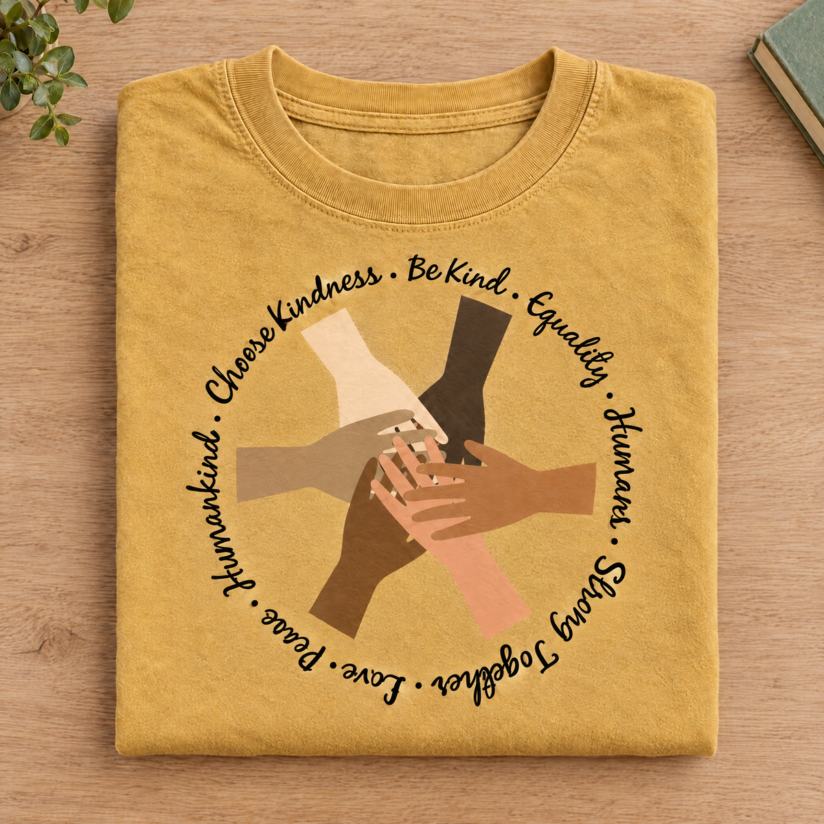 Choose Kindness diverse hands circle shirt in Mustard Comfort Colors neatly folded