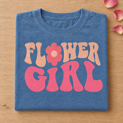 Flower Girl retro groovy shirt in Blue Jean Comfort Colors neatly folded