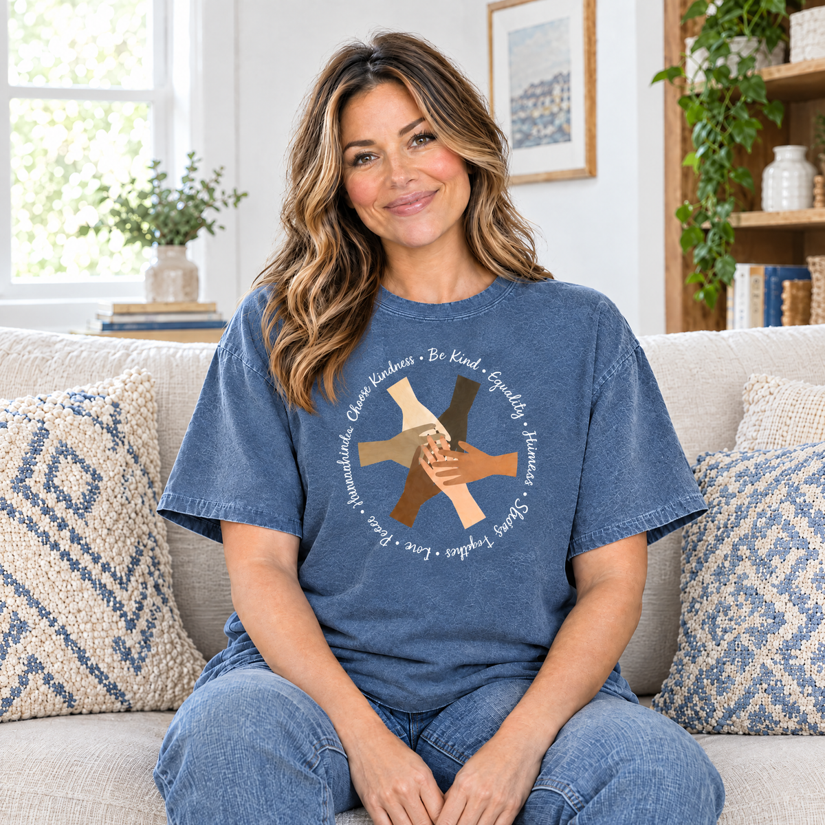 Choose Kindness diverse hands circle shirt in Blue Jean Comfort Colors, woman sitting on a cozy sofa