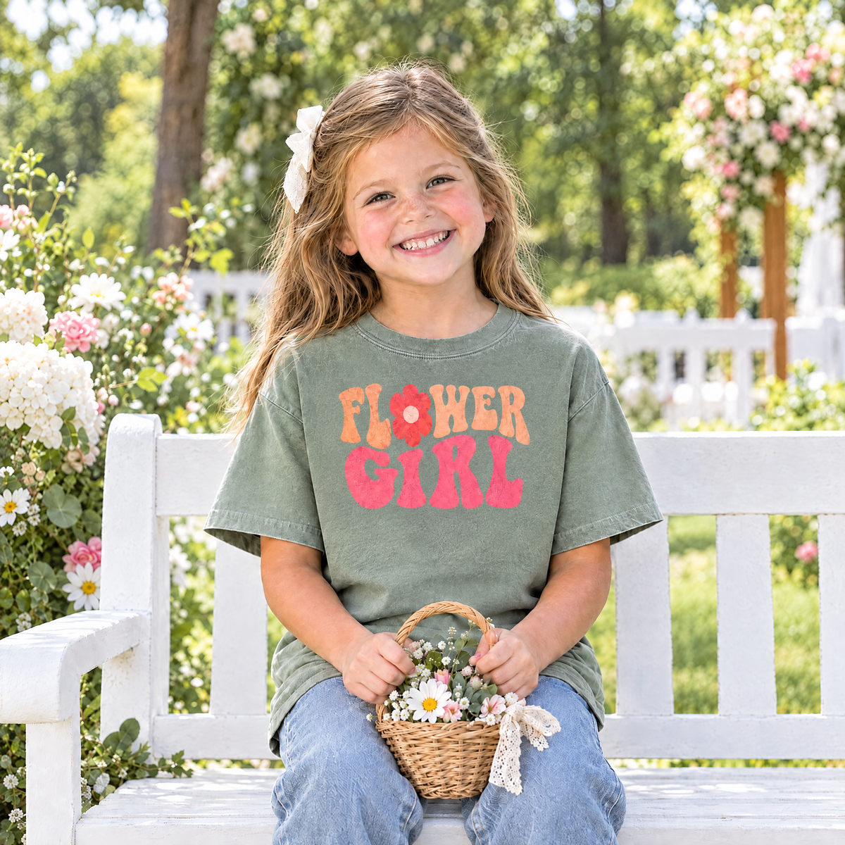 Flower Girl retro groovy shirt in Sage Comfort Colors, little girl flower girl sitting on a garden bench with a flower basket