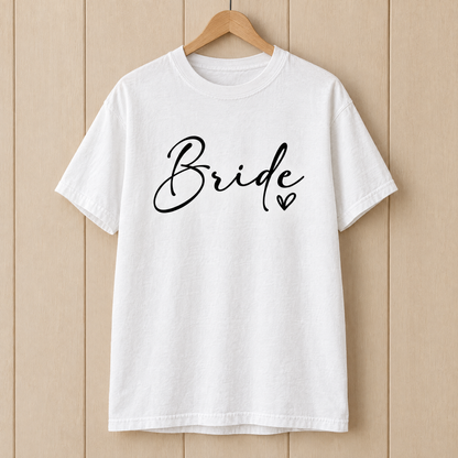 Bride shirt in White Comfort Colors on a wooden hanger