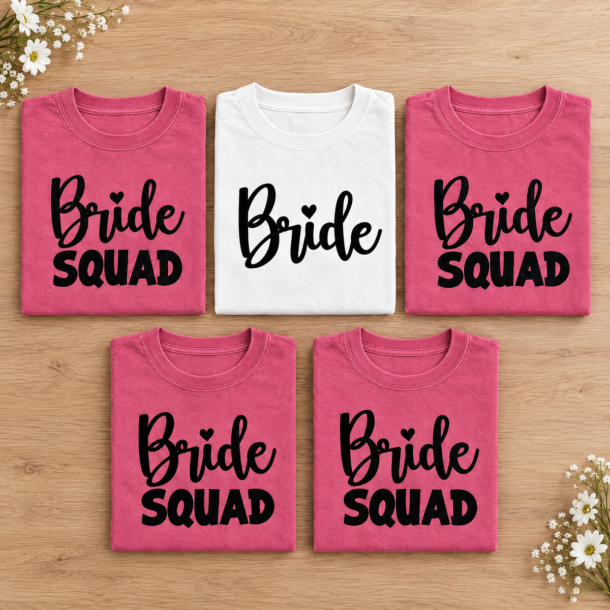 Bachelorette party shirt set, White Bride tee with four Crunchberry Bride Squad tees neatly folded