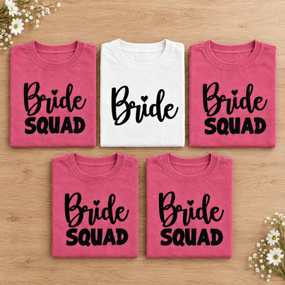 Bachelorette party shirt set, White Bride tee with four Crunchberry Bride Squad tees neatly folded