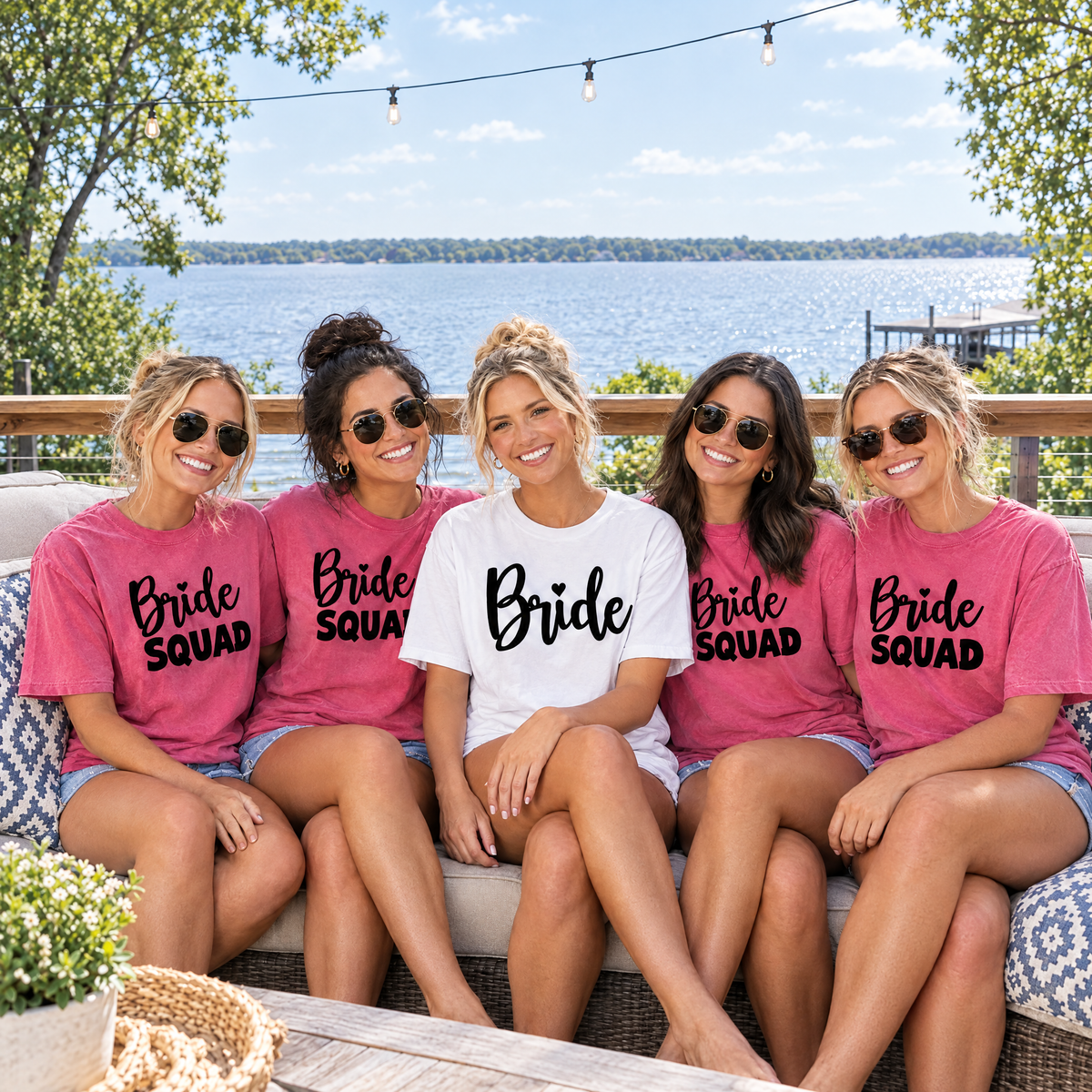 Bride Squad shirts, bride in a White Bride tee with four bridesmaids in Crunchberry Bride Squad tees on a lake house deck