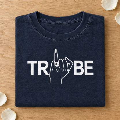 Tribe shirt in Midnight Comfort Colors with white print neatly folded