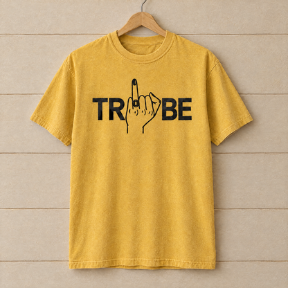 Tribe shirt in Mustard Comfort Colors on a wooden hanger