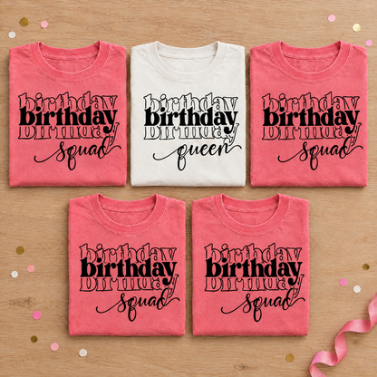 Birthday party shirt set, White Birthday Queen tee with four Watermelon Birthday Squad tees neatly folded