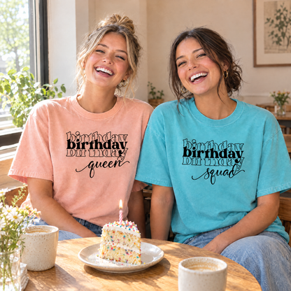 Birthday girl in a Peachy Birthday Queen shirt and friend in a Lagoon Blue Birthday Squad shirt at a cafe with cake