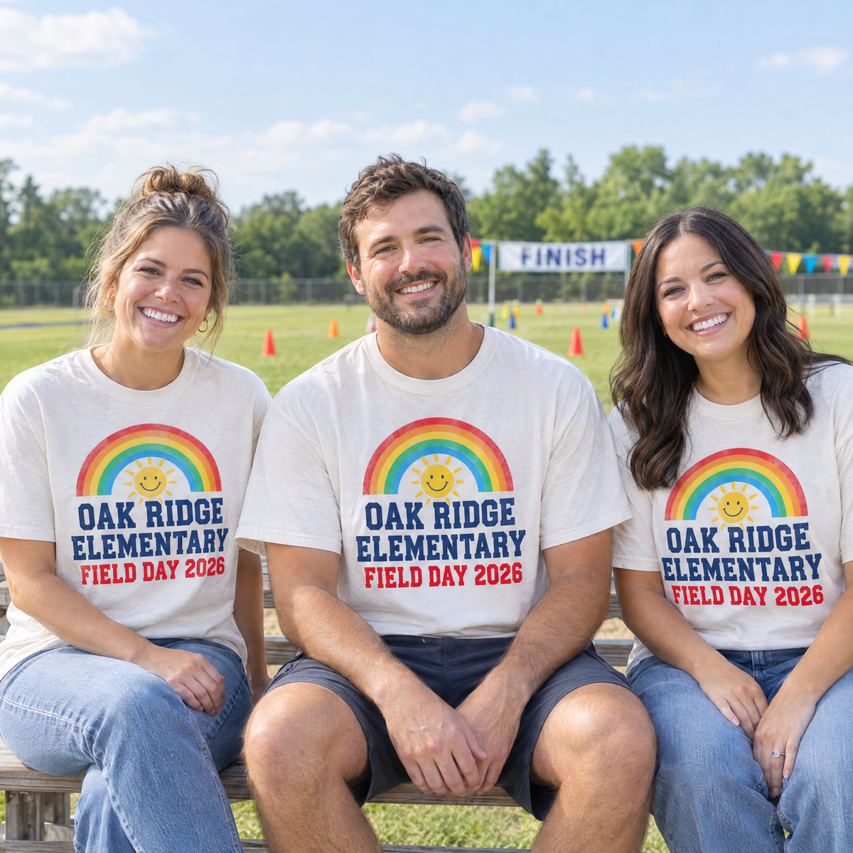Teachers in matching White custom school shirts with a rainbow Oak Ridge Elementary Field Day 2026 design