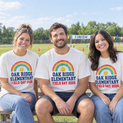 Teachers in matching White custom school shirts with a rainbow Oak Ridge Elementary Field Day 2026 design