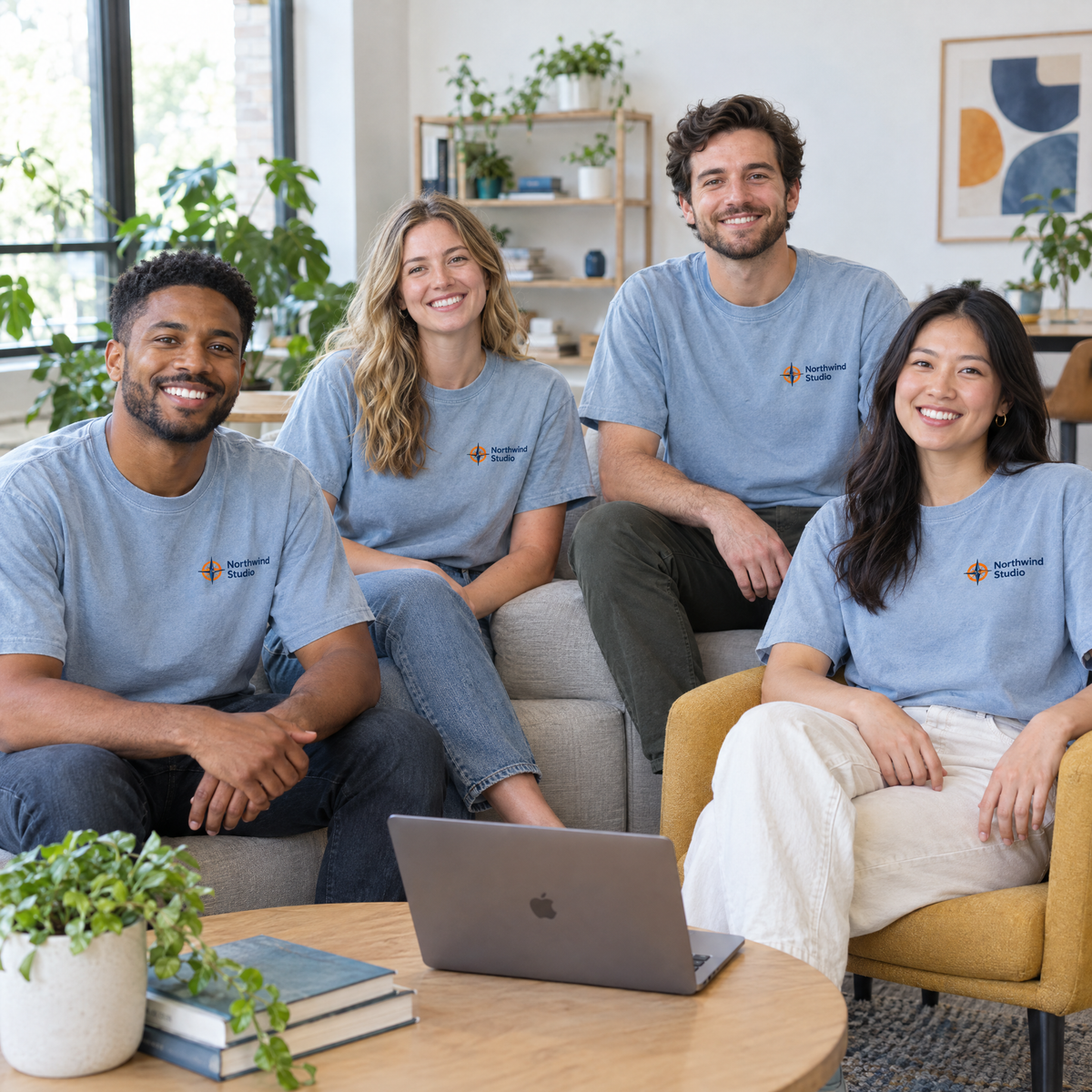 Office team in matching Chambray Comfort Colors shirts with a custom colorful pocket logo print