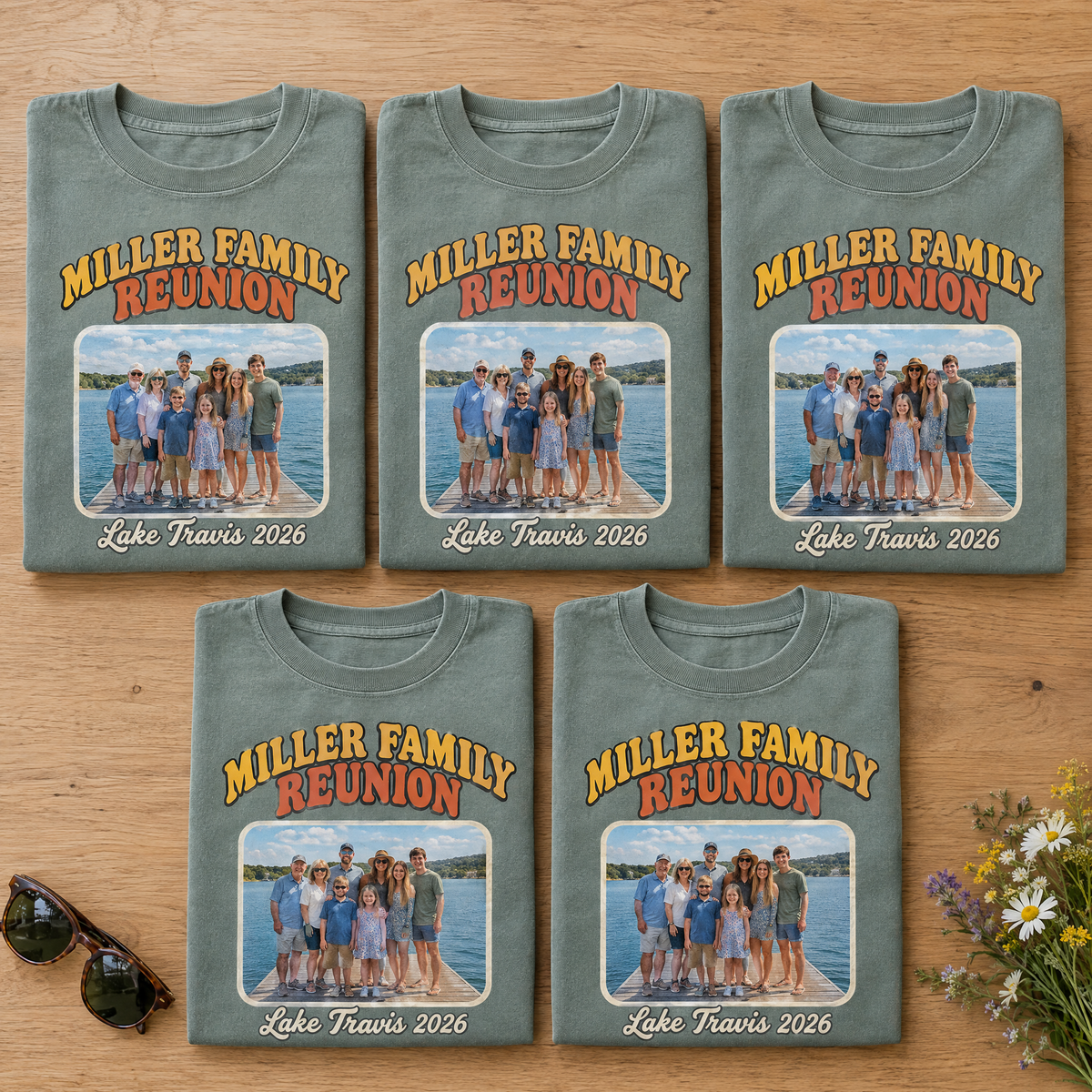 Custom photo family reunion shirts in Sage Comfort Colors with a family photo and Miller Family Reunion Lake Travis 2026, neatly folded
