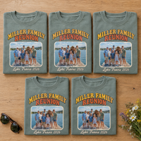 Custom photo family reunion shirts in Sage Comfort Colors with a family photo and Miller Family Reunion Lake Travis 2026, neatly folded