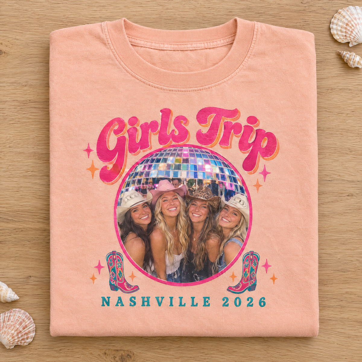 Custom photo girls trip shirt in Peachy Comfort Colors with a friends photo and Girls Trip Nashville 2026, neatly folded