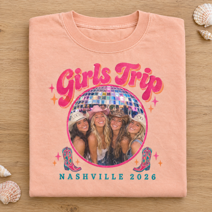 Custom photo girls trip shirt in Peachy Comfort Colors with a friends photo and Girls Trip Nashville 2026, neatly folded