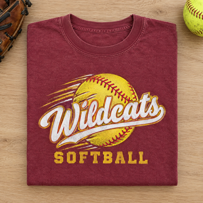 Custom team shirt in Crimson Comfort Colors with a Wildcats Softball design, neatly folded