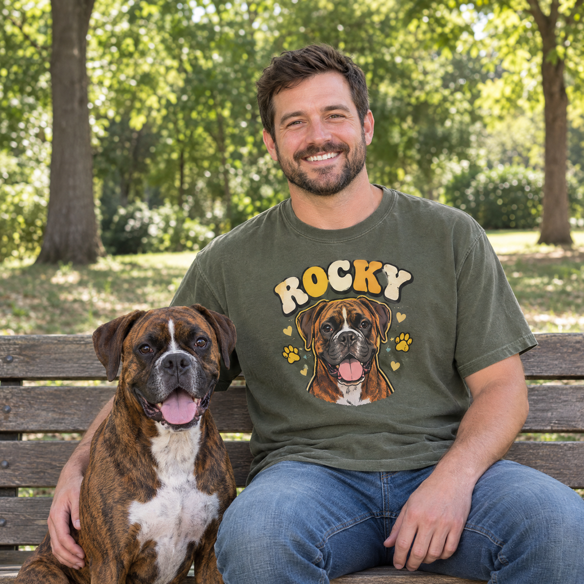 Dog dad on a park bench with his boxer, wearing a Moss Comfort Colors shirt with a cartoon portrait of Rocky