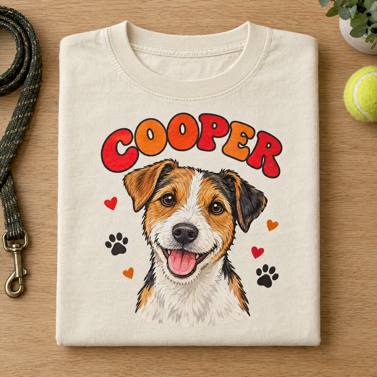 Custom dog portrait shirt in Natural Ivory Comfort Colors with a cartoon Jack Russell named Cooper, neatly folded