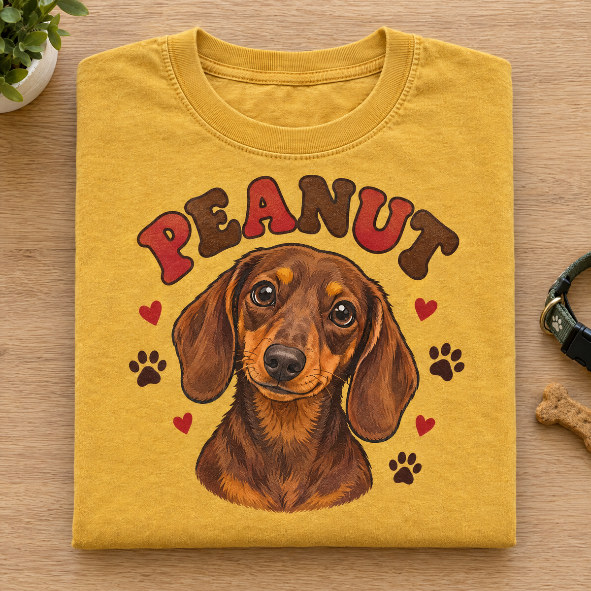 Custom dachshund shirt in Mustard Comfort Colors with a cartoon portrait of Peanut, neatly folded