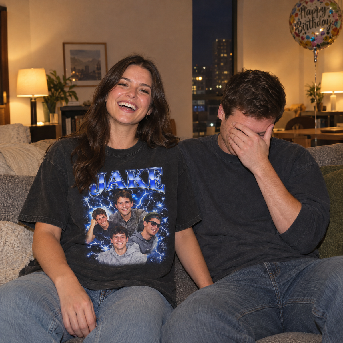 Custom bootleg shirt, laughing woman in a Black Comfort Colors tee with a 90s style photo collage of her boyfriend Jake while he hides his face