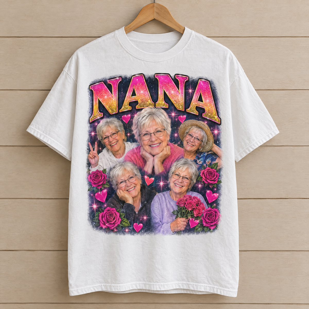 Custom bootleg shirt in White Comfort Colors with a pink glam photo collage of Nana on a wooden hanger