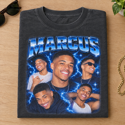 Custom bootleg shirt in Pepper Comfort Colors with a chrome blue lightning photo collage of Marcus, neatly folded