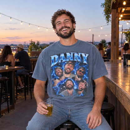 Man at a bar patio wearing a Blue Jean Comfort Colors bootleg shirt with a chrome blue photo collage of his best friend Danny