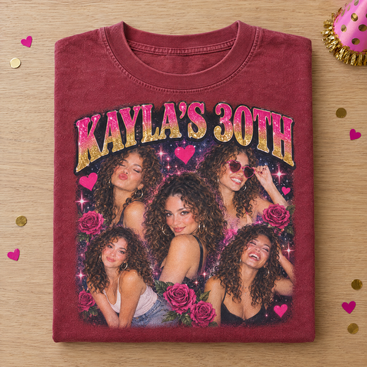 Birthday bootleg shirt in Crimson Comfort Colors with a pink glam photo collage and Kayla's 30th, neatly folded