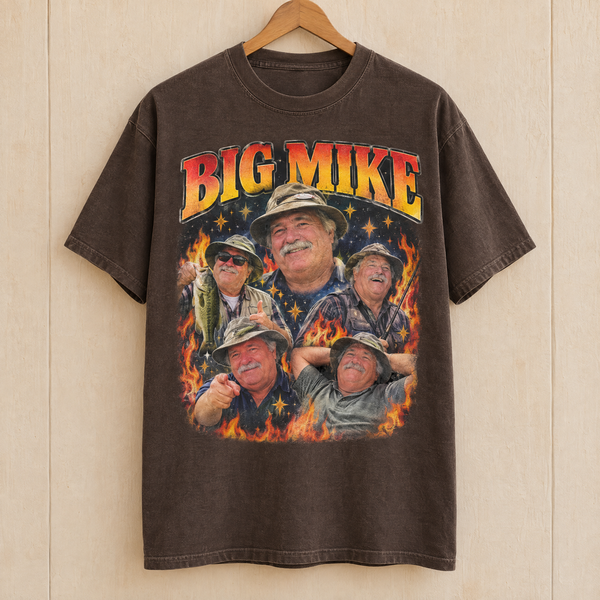 Dad bootleg shirt in Espresso Comfort Colors with a vintage fire photo collage of Big Mike on a wooden hanger