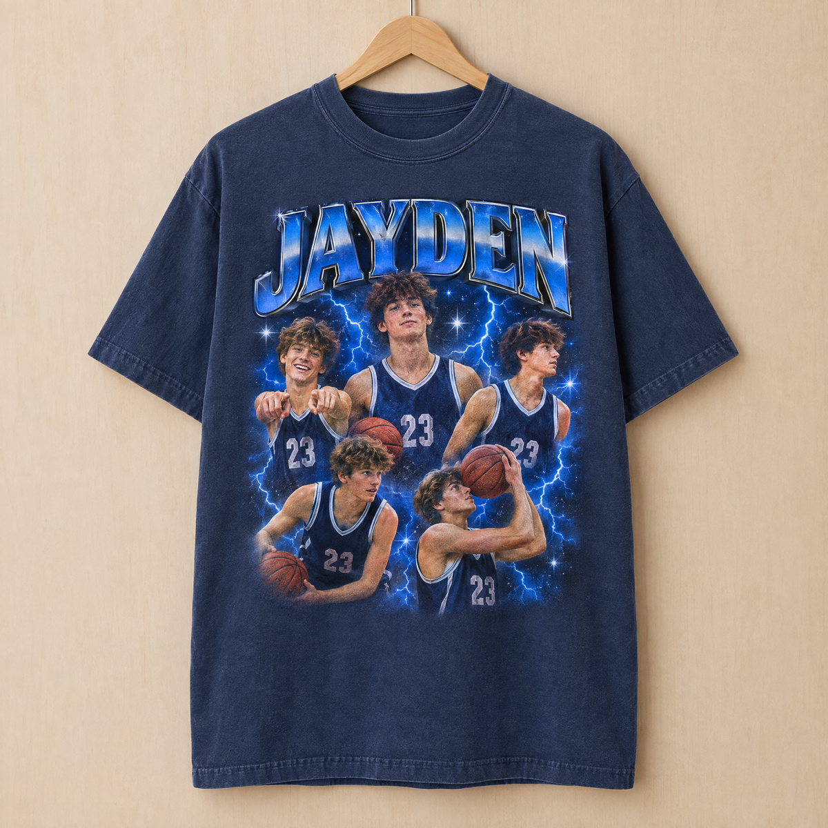 Basketball bootleg shirt in Midnight Comfort Colors with a chrome blue photo collage of Jayden on a hanger