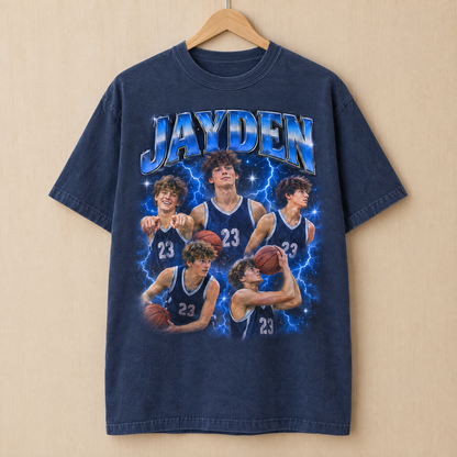 Basketball bootleg shirt in Midnight Comfort Colors with a chrome blue photo collage of Jayden on a hanger