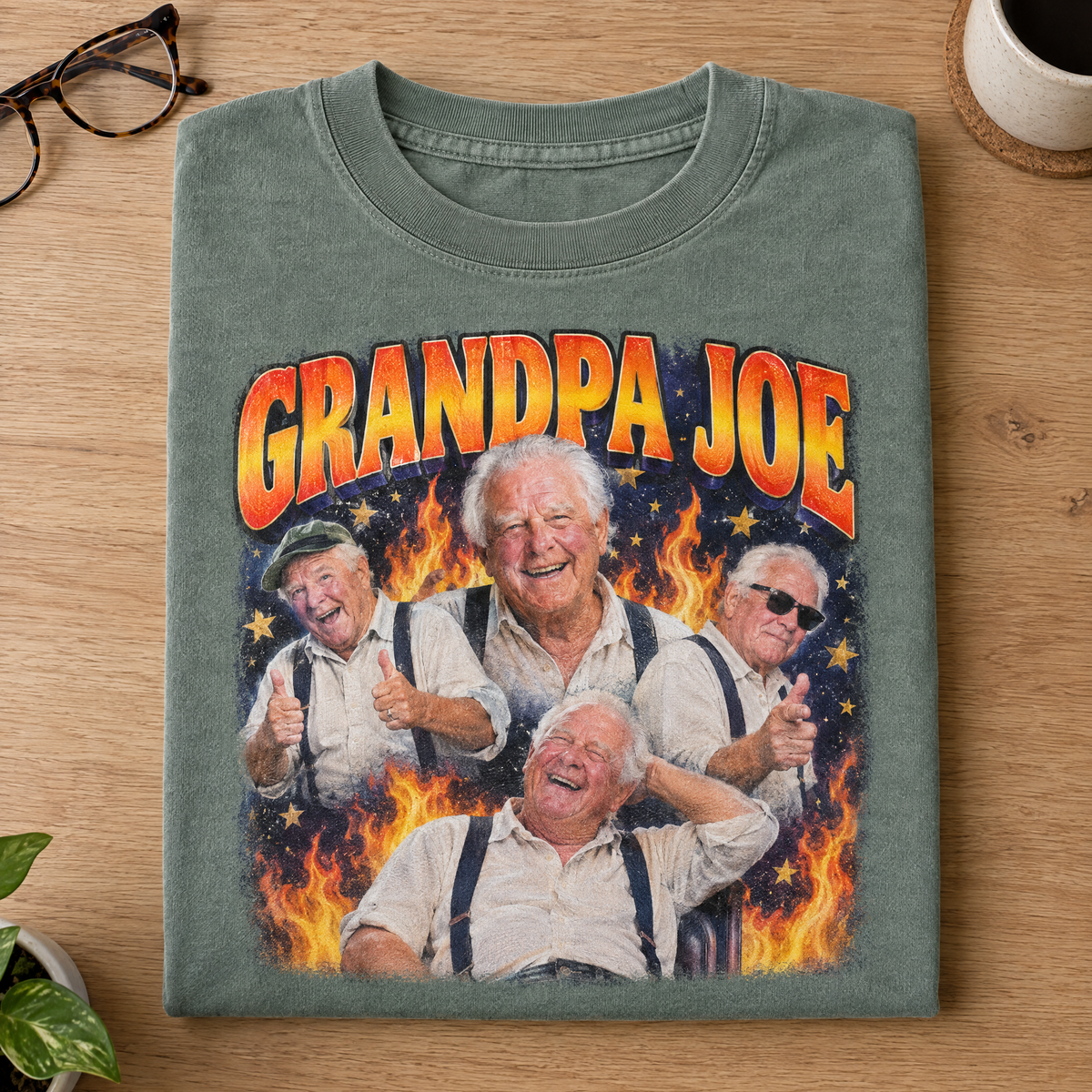 Grandpa bootleg shirt in Sage Comfort Colors with a vintage fire photo collage of Grandpa Joe, neatly folded