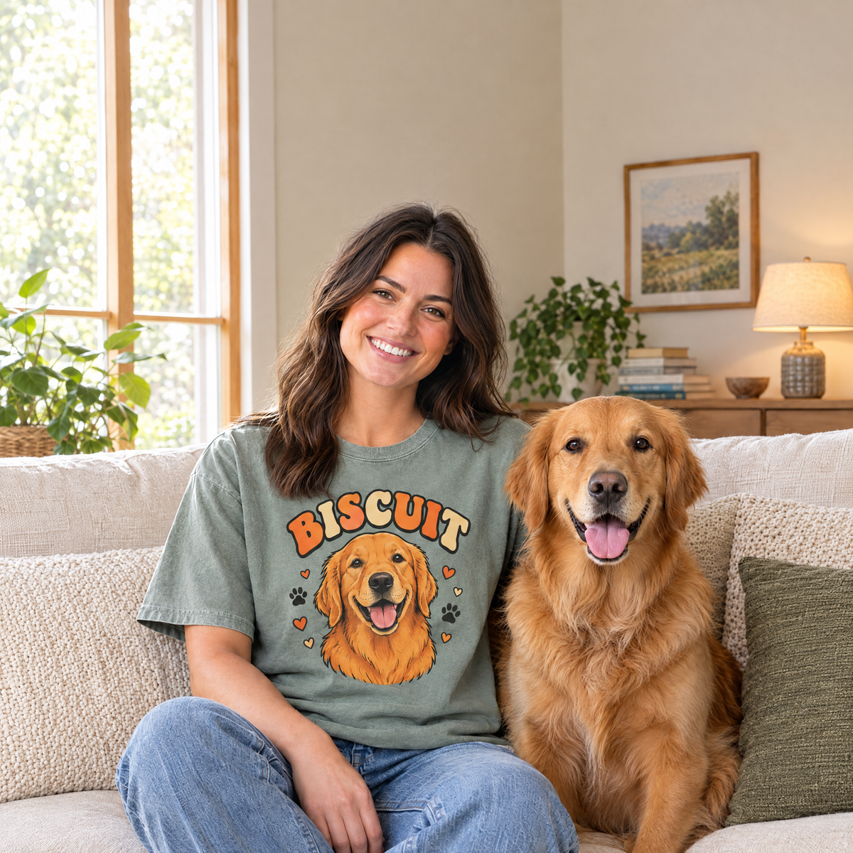 Custom pet portrait shirt, woman on a sofa with her golden retriever wearing a Sage Comfort Colors tee with a cartoon portrait of her dog named Biscuit