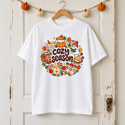 Cozy Season Comfort Colors shirt in White on a wooden hanger
